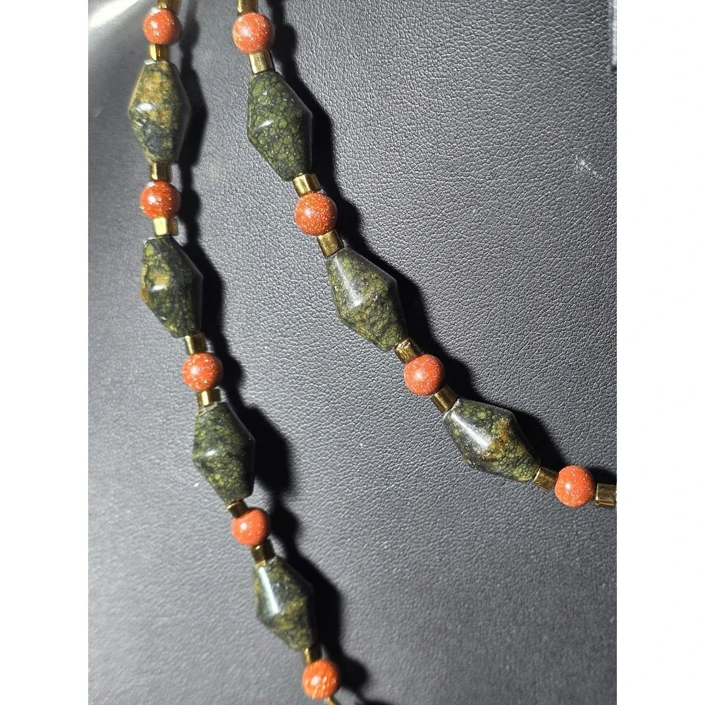 Vintage Serpentine & Goldstone Long Beaded Rope‎ Boho Necklace 32